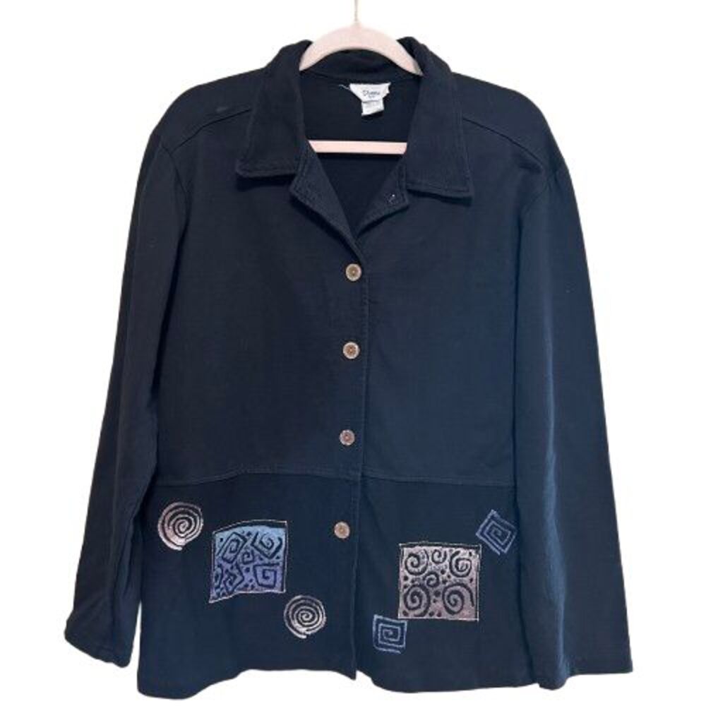 VTG Donna Button Up Shirt Jacket Womens Large Black Handpainted Artsy Boho
